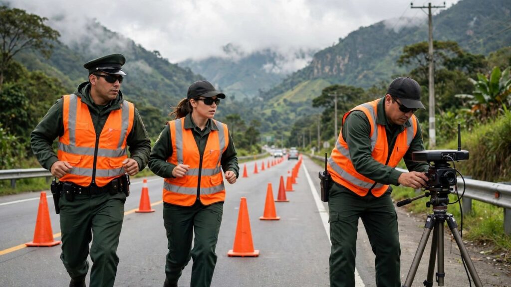 Agentes de tránsito en un puesto de control y seguridad vial en carretera