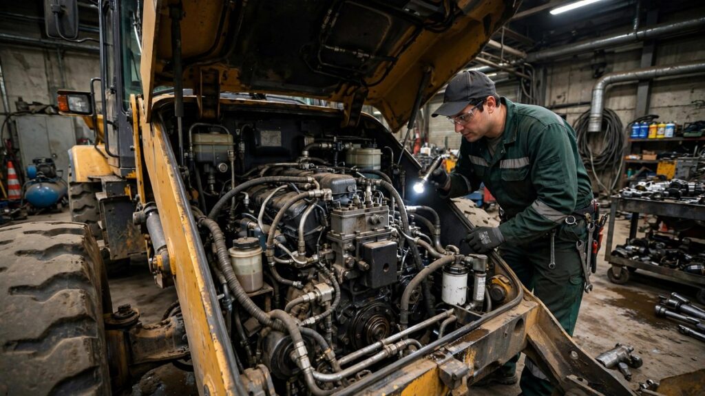 Mecánico inspeccionando el sistema hidráulico de un cargador en un taller minero