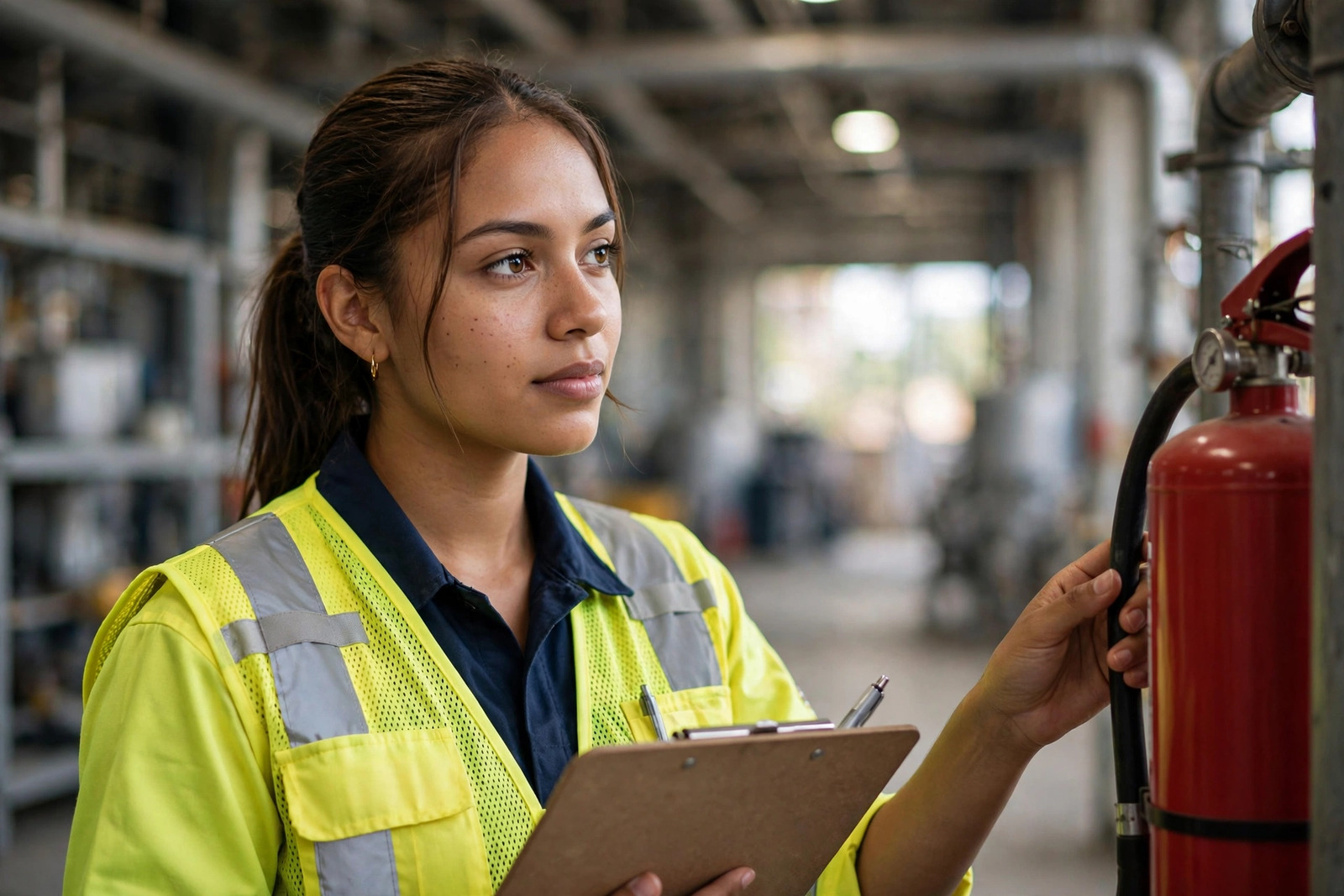 Aprendiz SENA en una inspección de seguridad y señalización en una planta industrial
