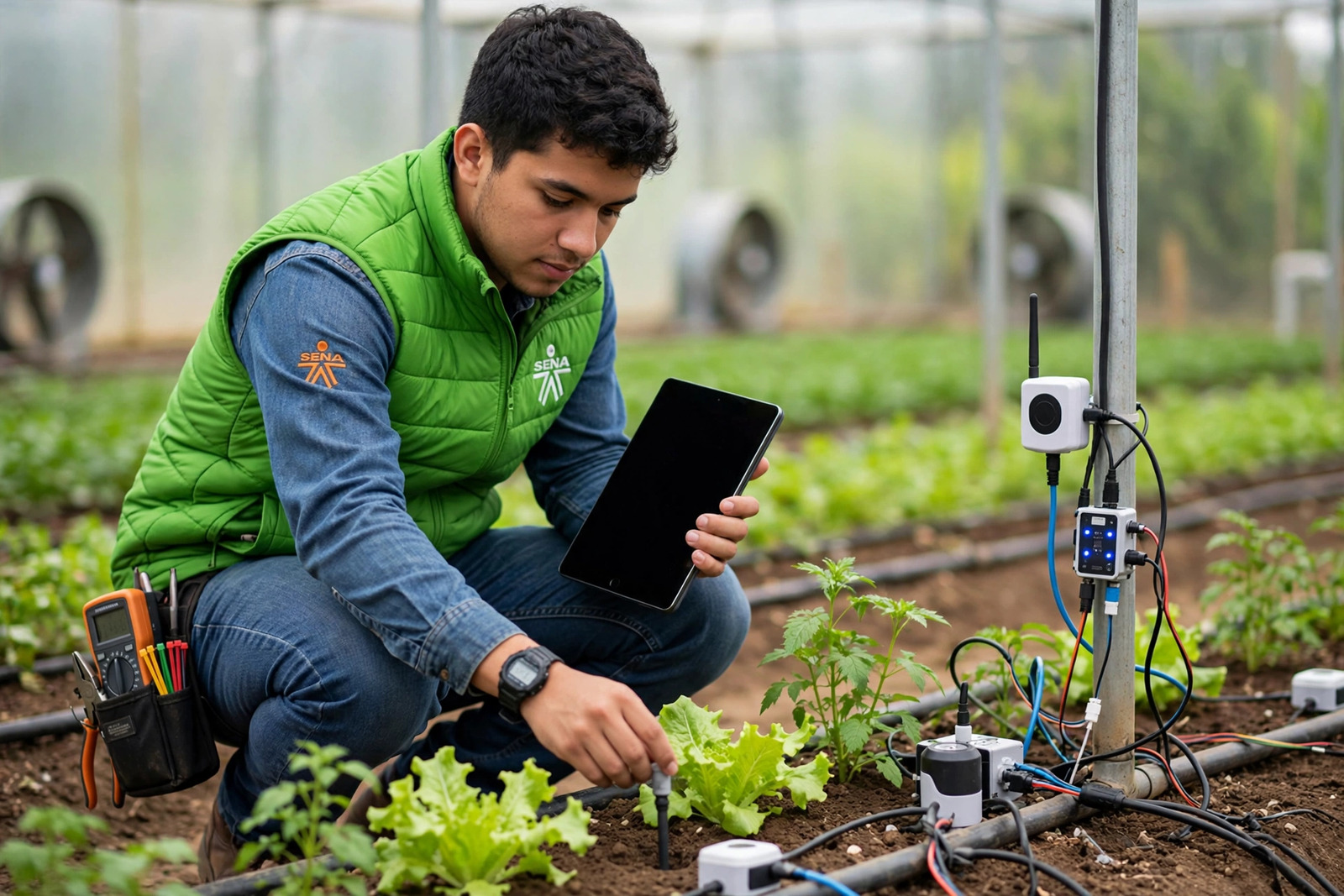 Aprendiz SENA instalando un sensor en un cultivo de agricultura inteligente