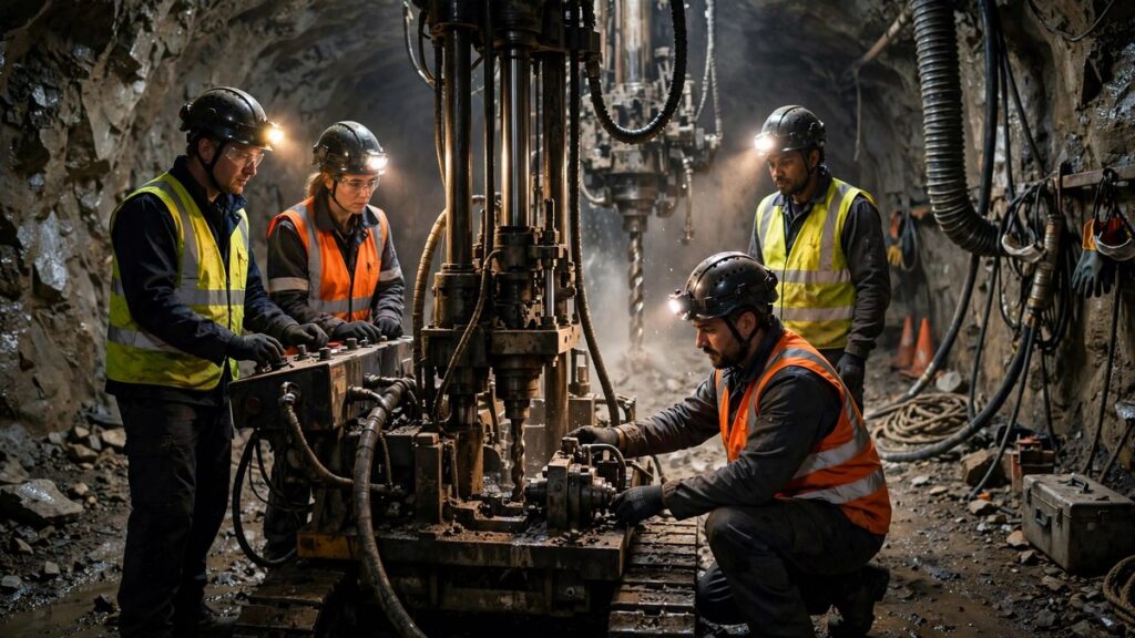 Equipo de técnicos en labores subterráneas operando una perforadora en un túnel minero