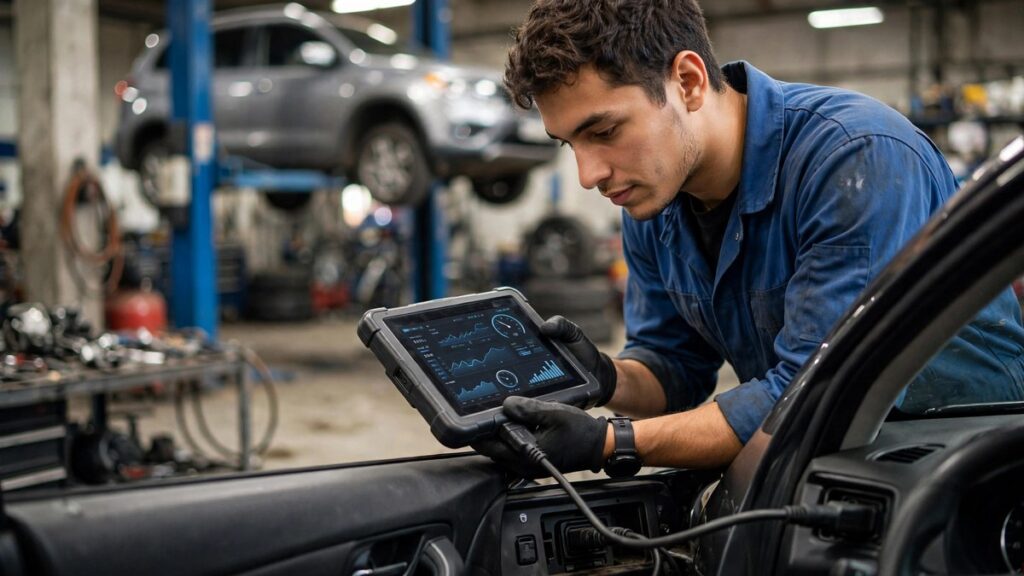 Técnico en mantenimiento de vehículos livianos haciendo diagnóstico electrónico con una tableta en un taller