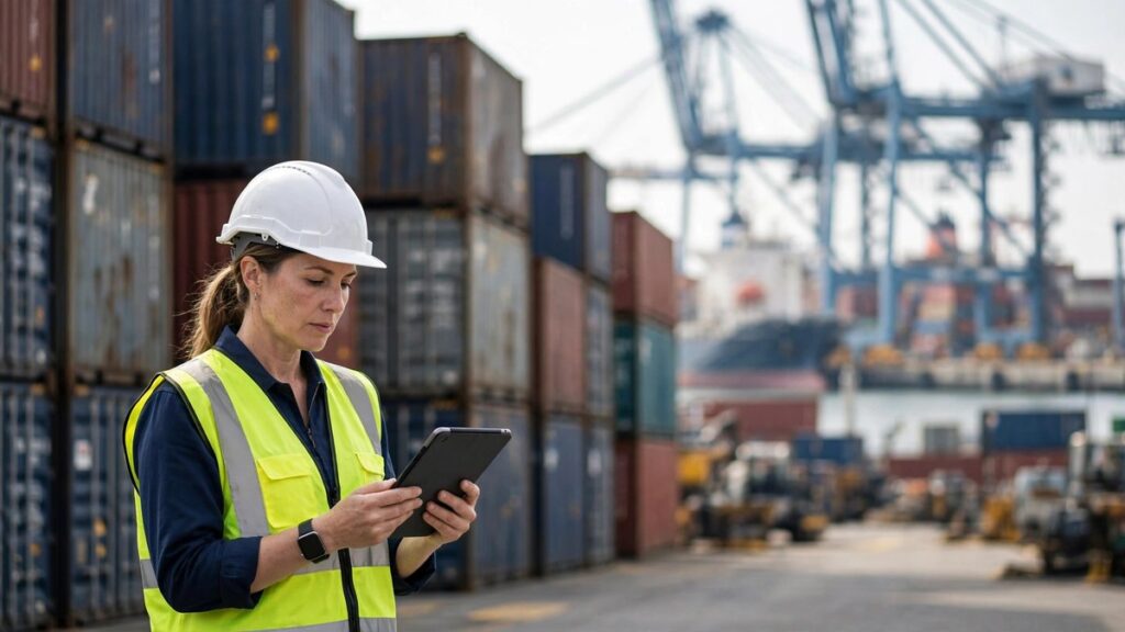 Profesional de comercio exterior revisando contenedores en una terminal de carga