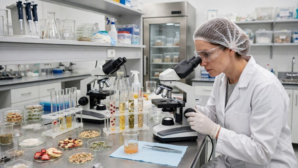 Tecnólogo en procesamiento de alimentos haciendo análisis de calidad en un laboratorio