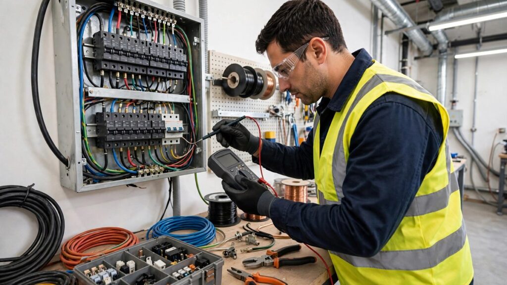 Técnico electricista verificando una instalación comercial con un multímetro digital