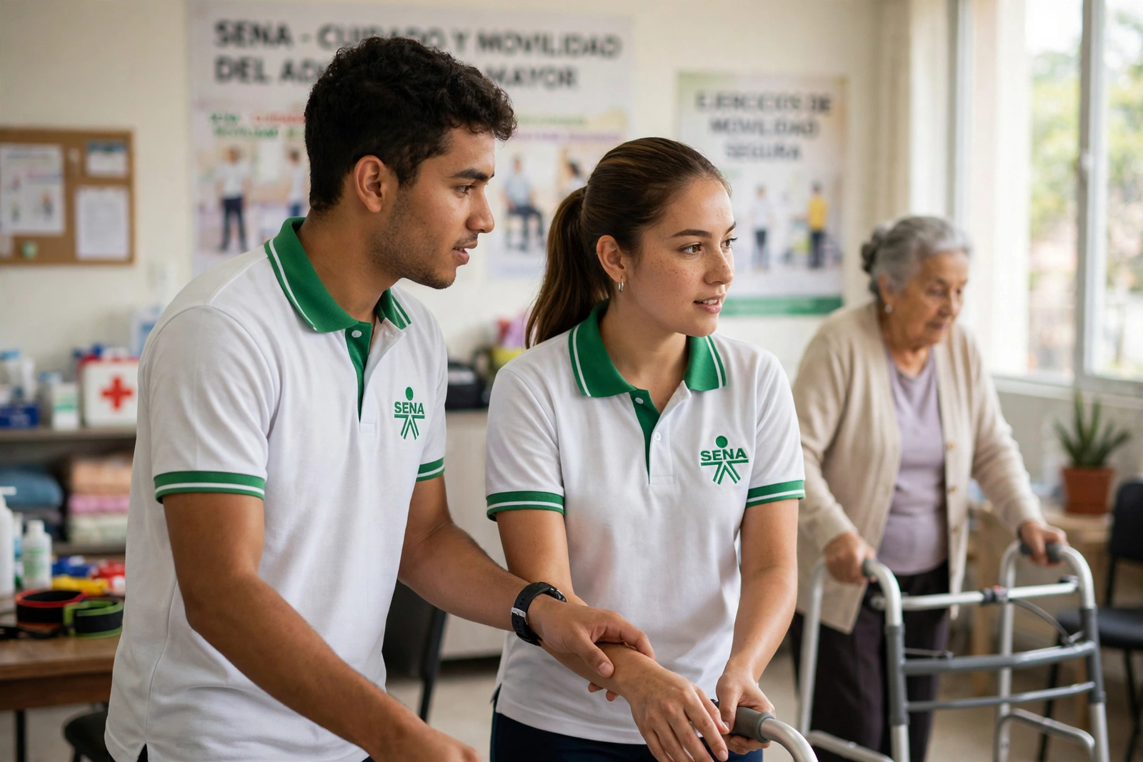 Aprendices del SENA apoyando a una persona mayor en sus ejercicios de movilidad con andador