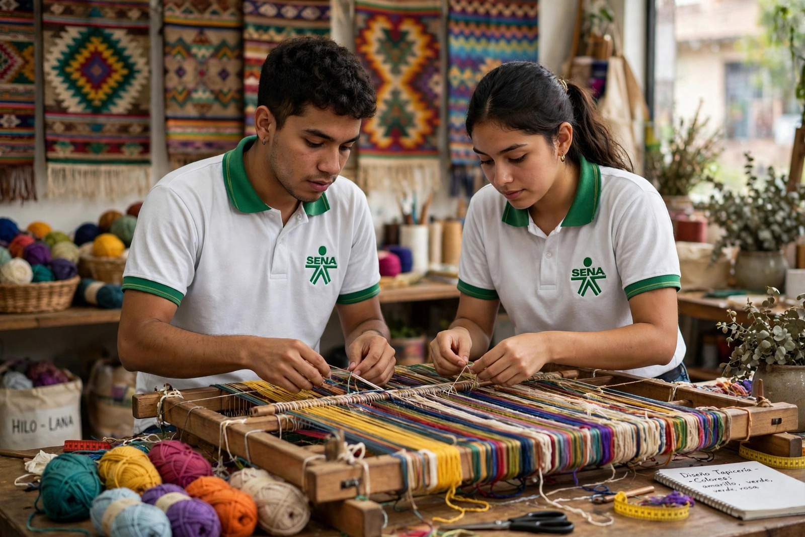 Aprendices del SENA trabajando el acabado de una pieza textil en un telar artesanal
