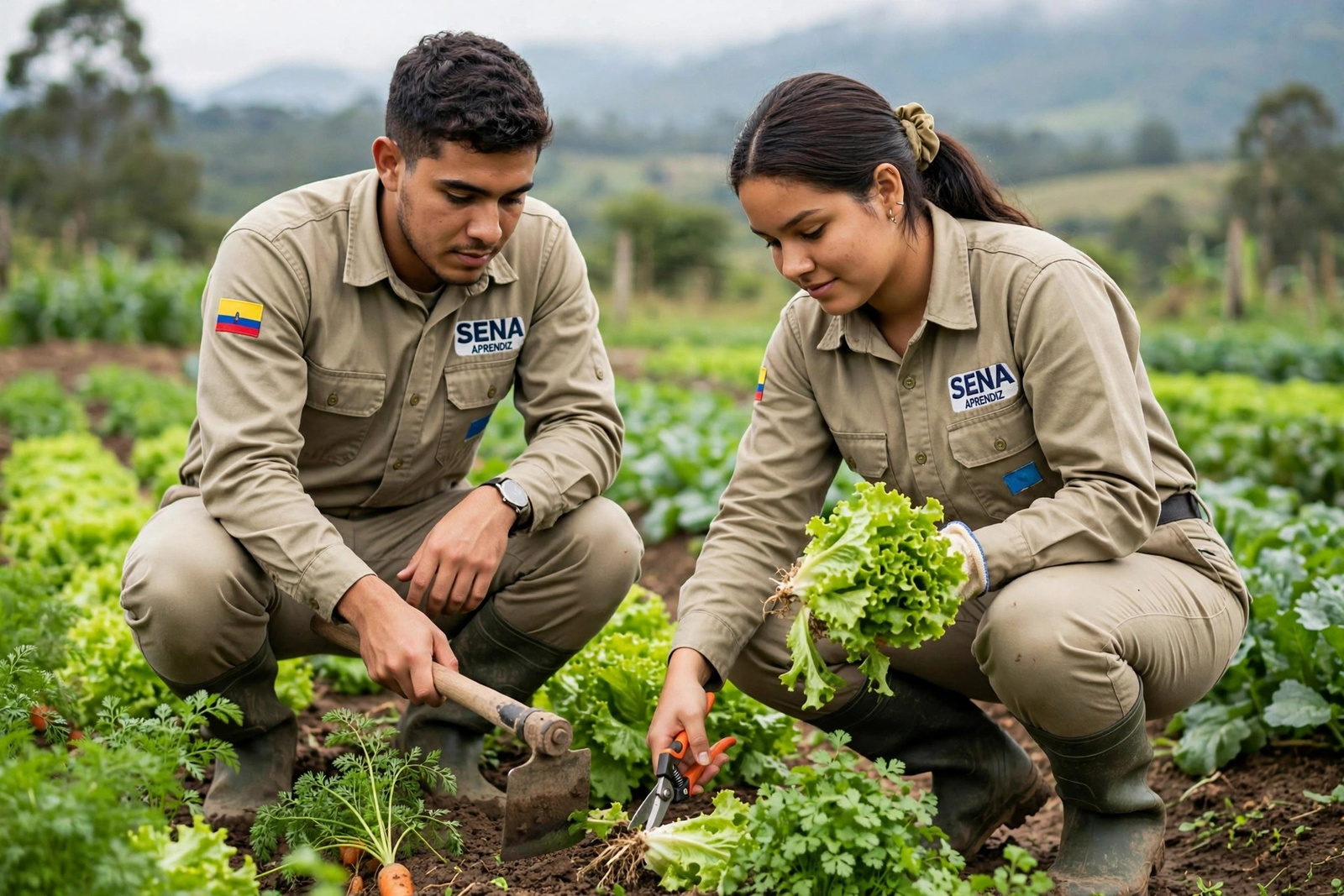 Aprendices del SENA cosechando hortalizas en una parcela rural