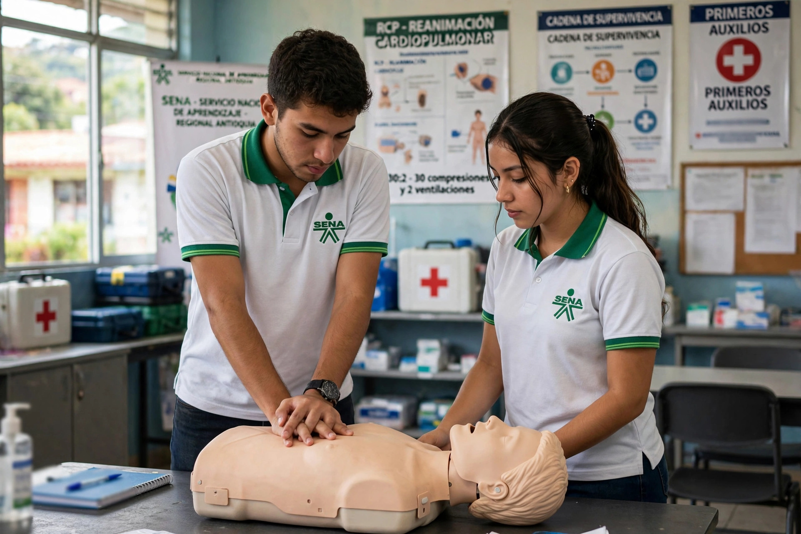 Aprendices del SENA practicando reanimación cardiopulmonar en un maniquí de entrenamiento