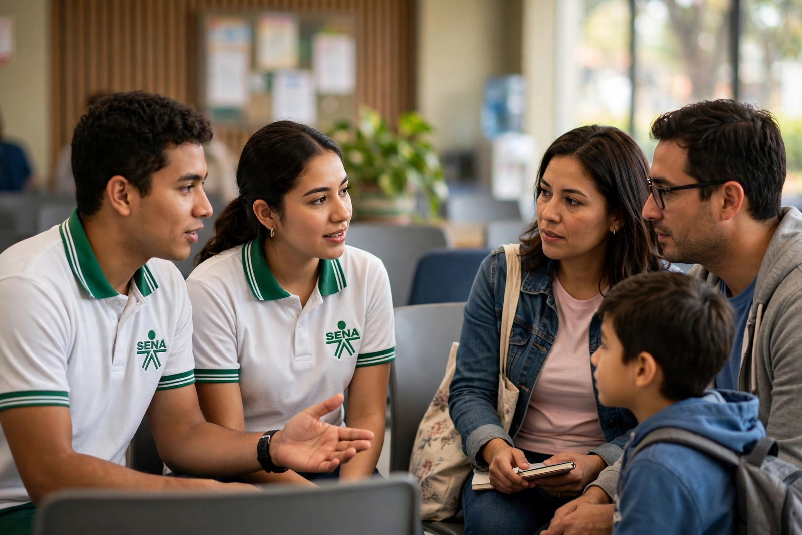 Aprendices del SENA orientando a una familia en un centro de atención comunitaria
