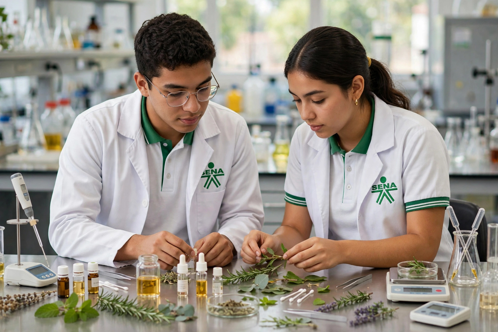 Aprendices del SENA examinando frascos de aceites esenciales y plantas aromáticas en un laboratorio