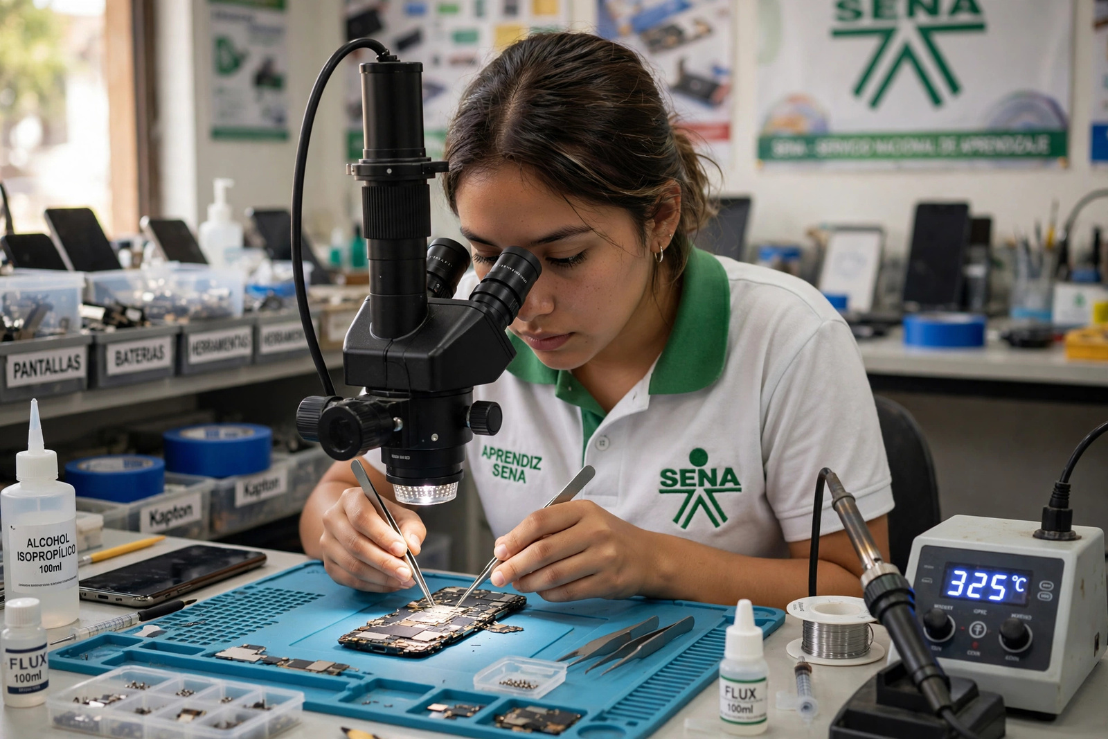 Aprendiz del SENA examinando una placa electrónica con microscopio en un laboratorio de tecnología
