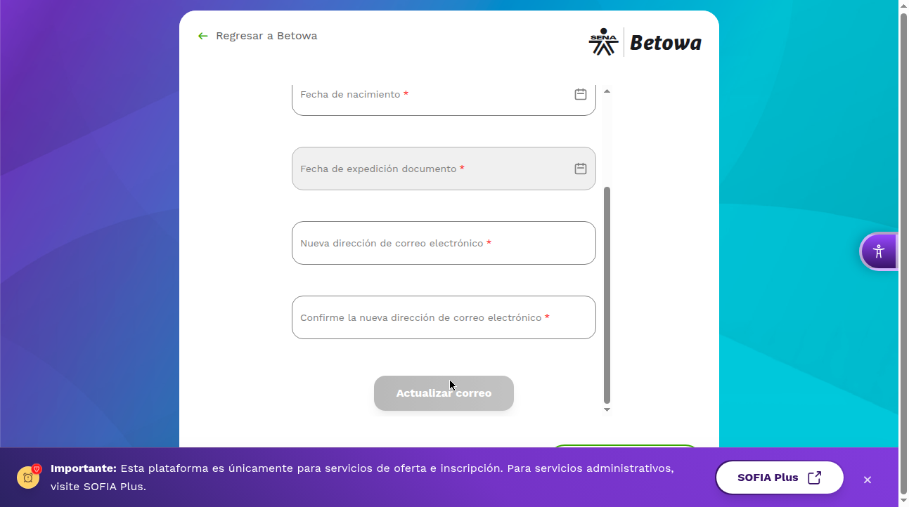 Confirmar nuevo correo electrónico en Betowa