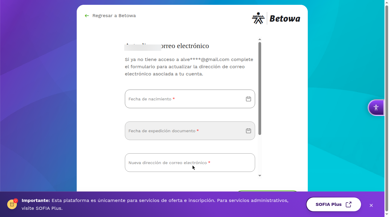 Formulario Actualizar correo electrónico en Betowa