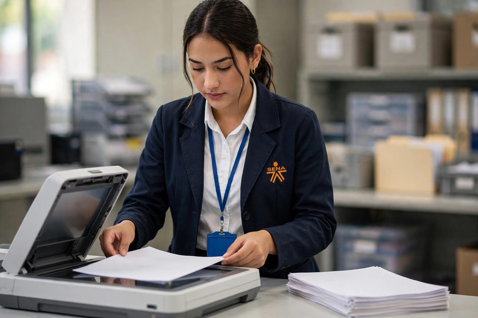 Aprendiz del SENA digitalizando documentos en un archivo de gestión