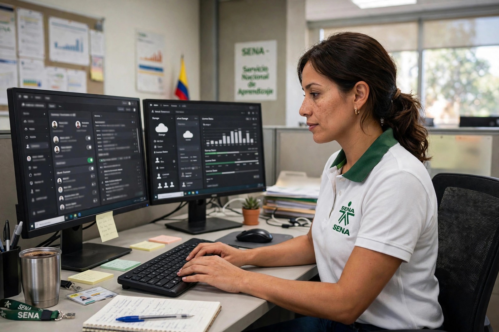 Administradora con polo del SENA configurando usuarios y almacenamiento en la nube en dos monitores