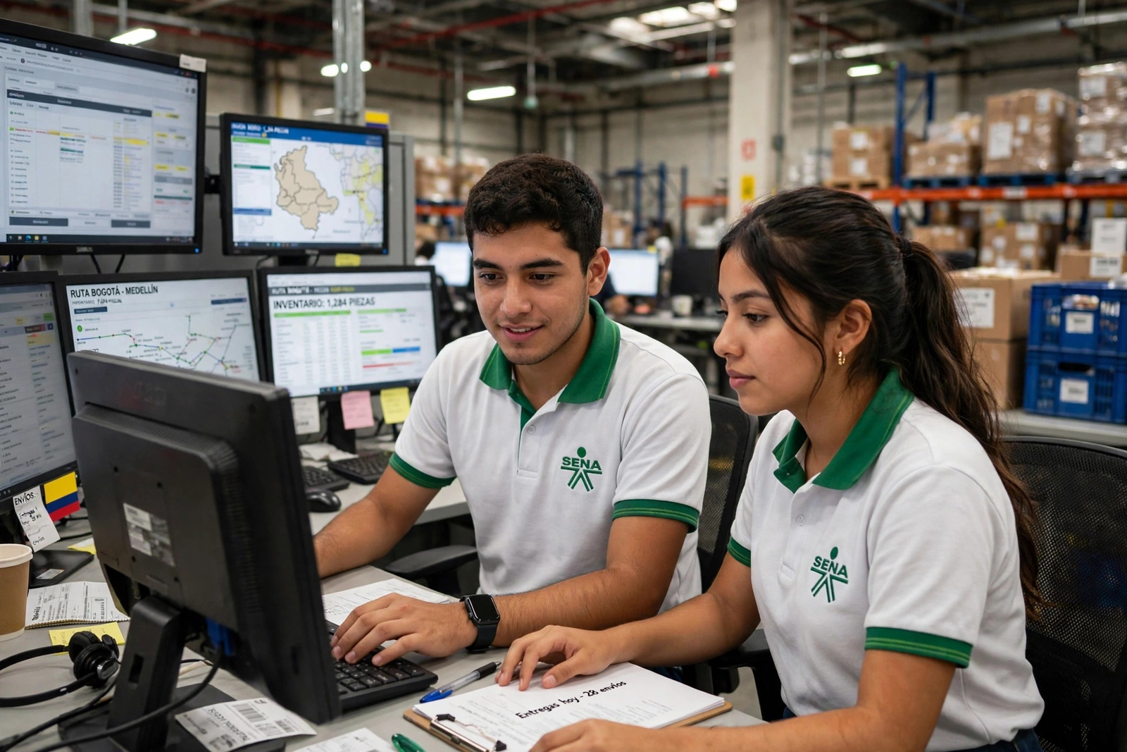 Aprendices del SENA controlando inventarios desde los computadores de un centro logístico
