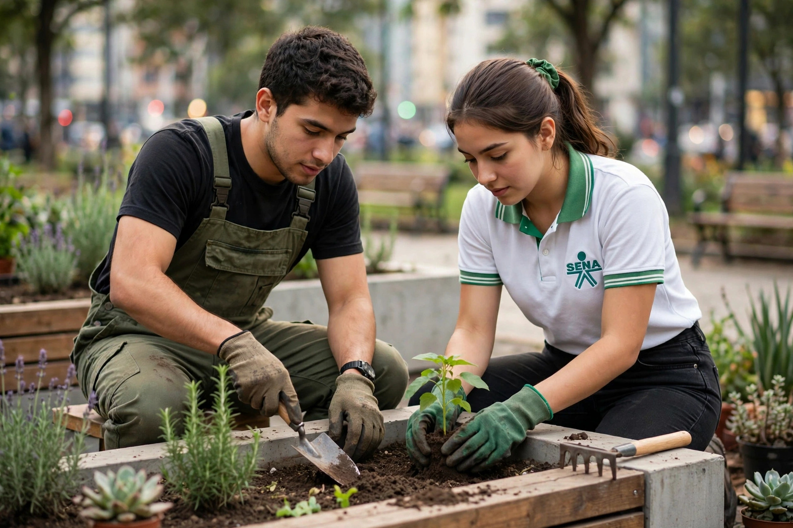 Pareja de aprendices sembrando una plántula en una cama elevada de huerta urbana