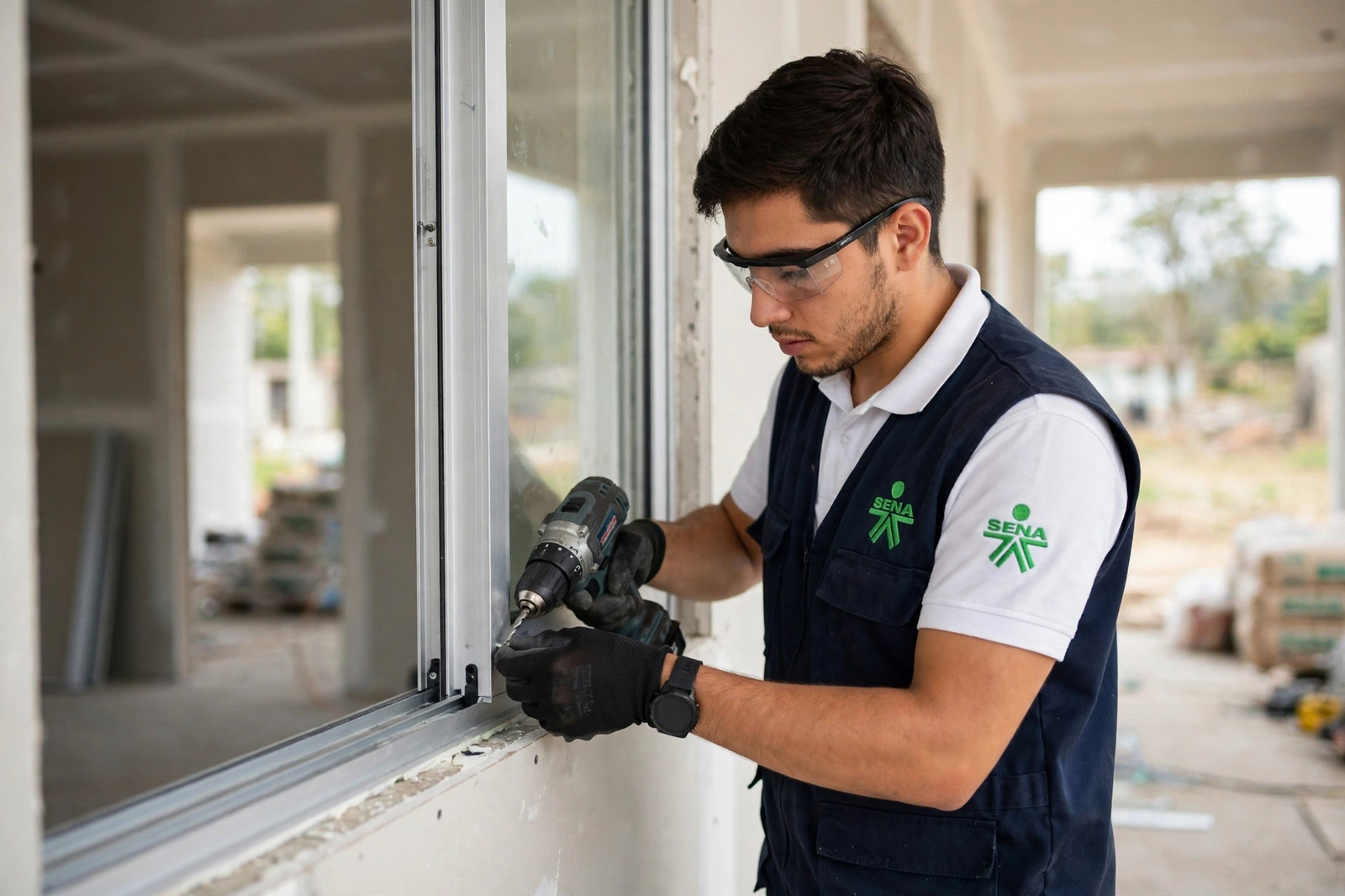 Instalador atornillando el marco de una ventana de aluminio en obra