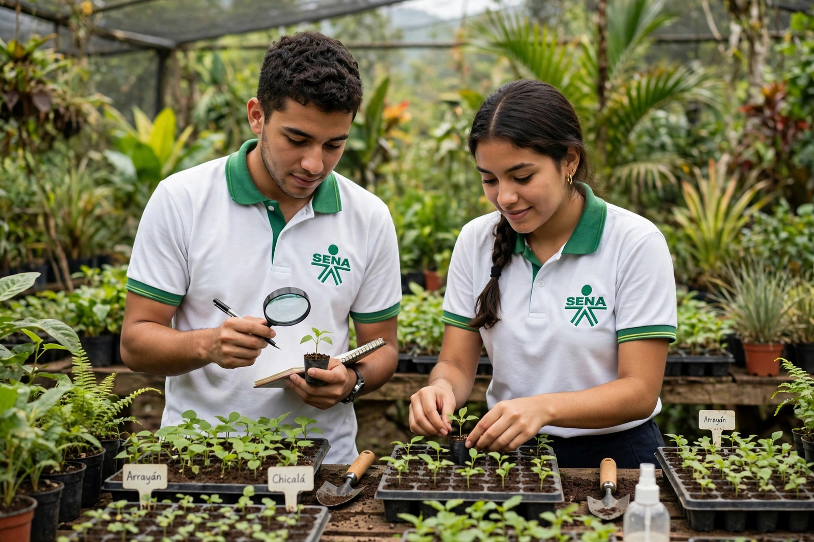 Aprendices revisando notas de campo en un invernadero