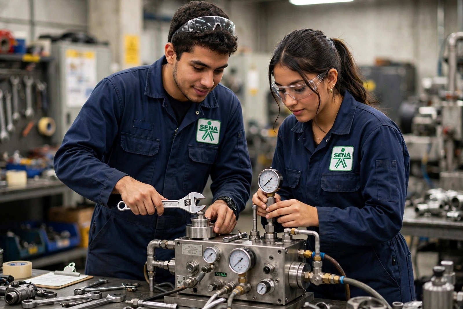 Aprendices del SENA ajustando maquinaria industrial con llaves e instrumentos de precisión en un taller
