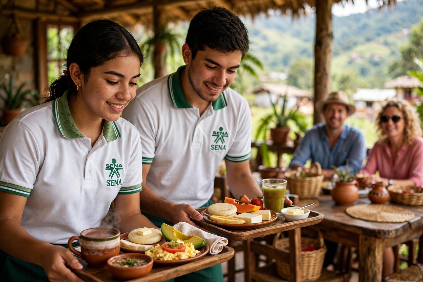 Aprendiz del SENA sirviendo el desayuno a turistas en el comedor de una posada rural