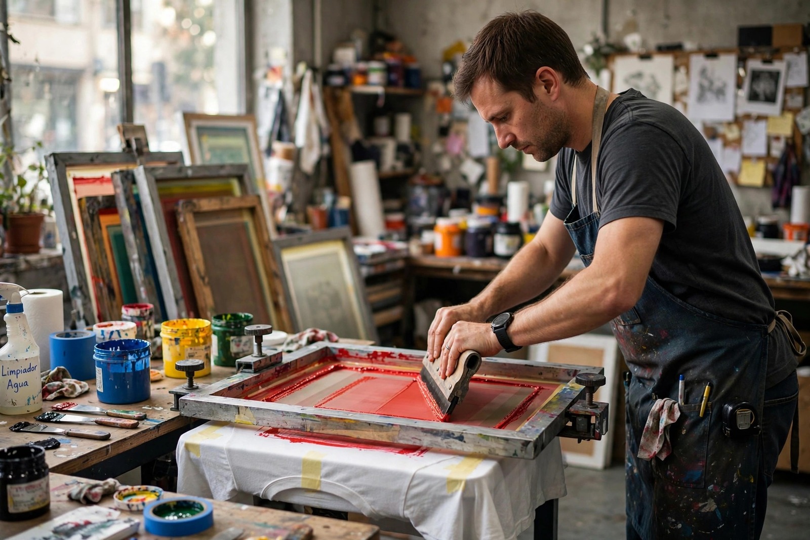Impresor serigráfico pasando la rasqueta con tinta roja sobre la pantalla para estampar una camiseta