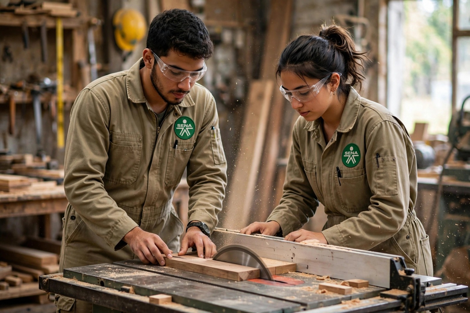 Aprendices del SENA cortando una pieza de madera en la sierra de banco de un taller