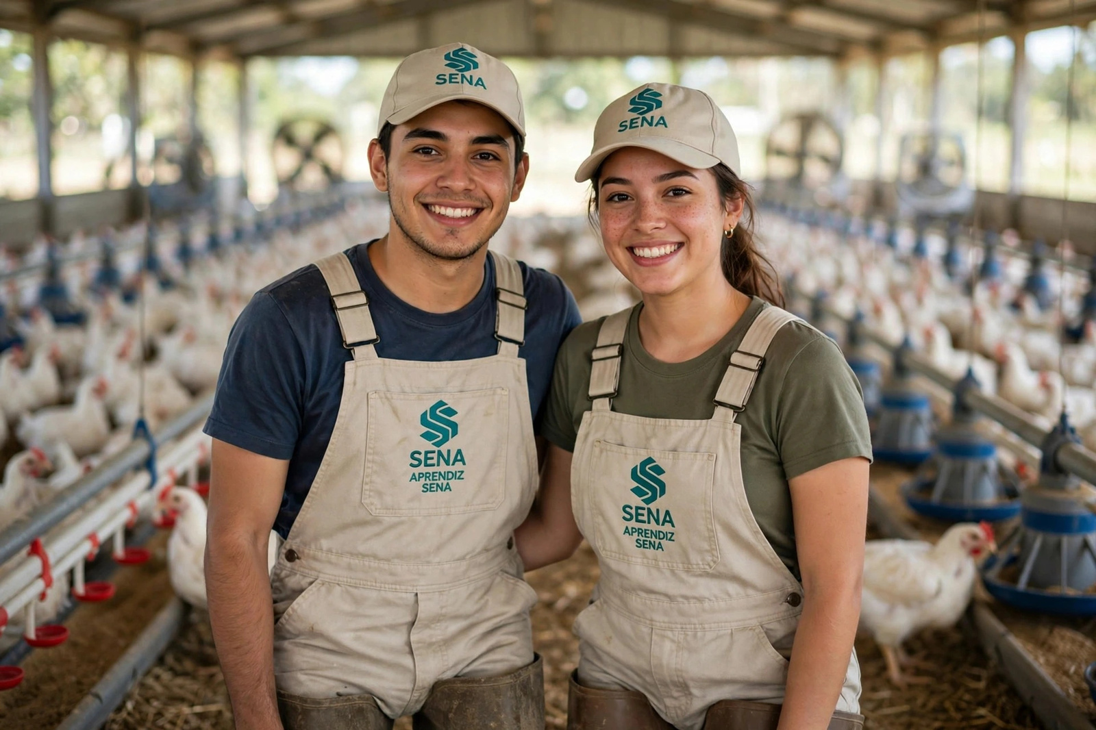 Dos aprendices con delantal dentro del galpón de aves