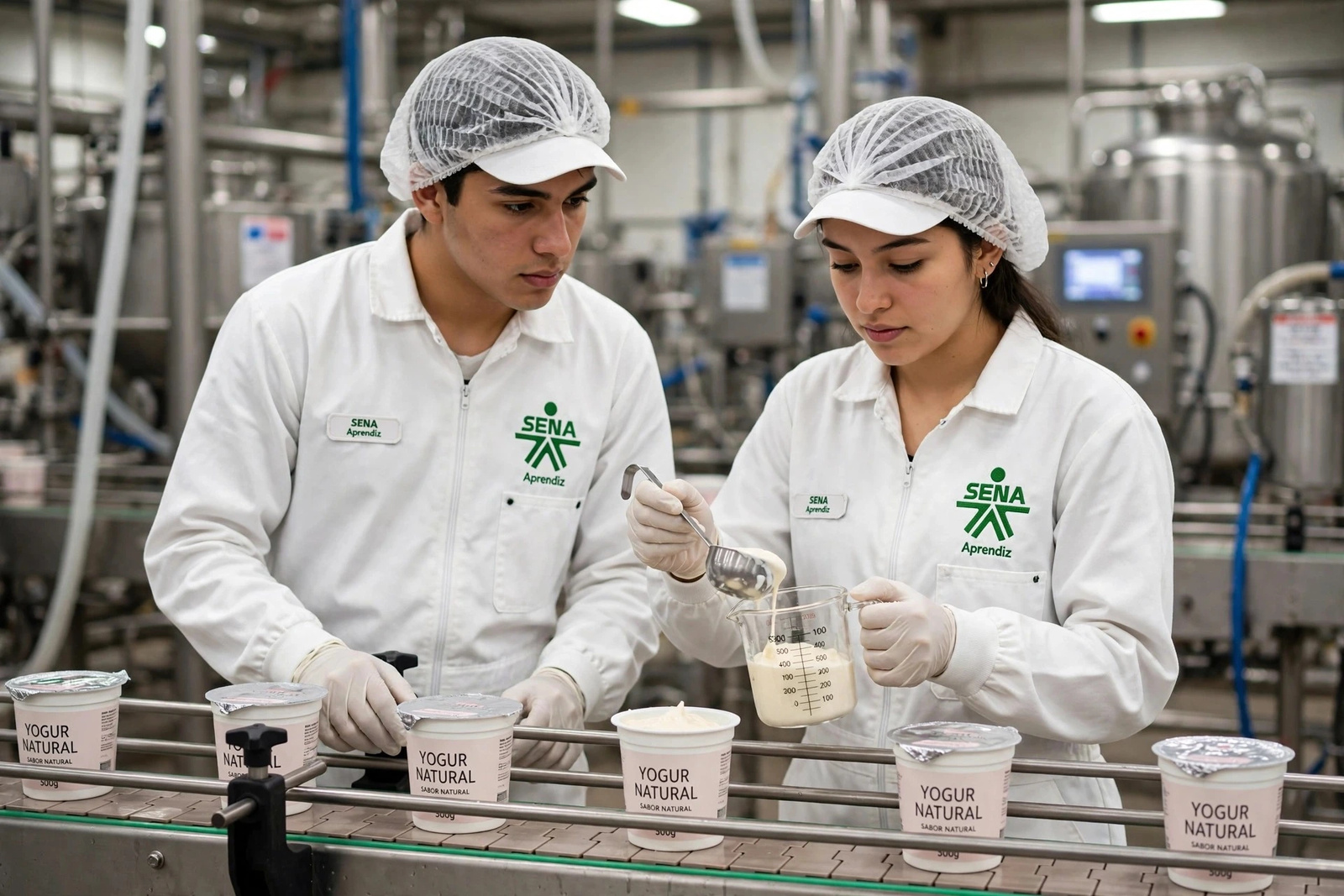 Aprendices del SENA llenando envases de yogur natural en una línea de producción