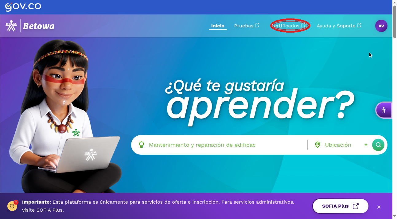 Paso 2: Panel principal de Betowa con menú Certificados