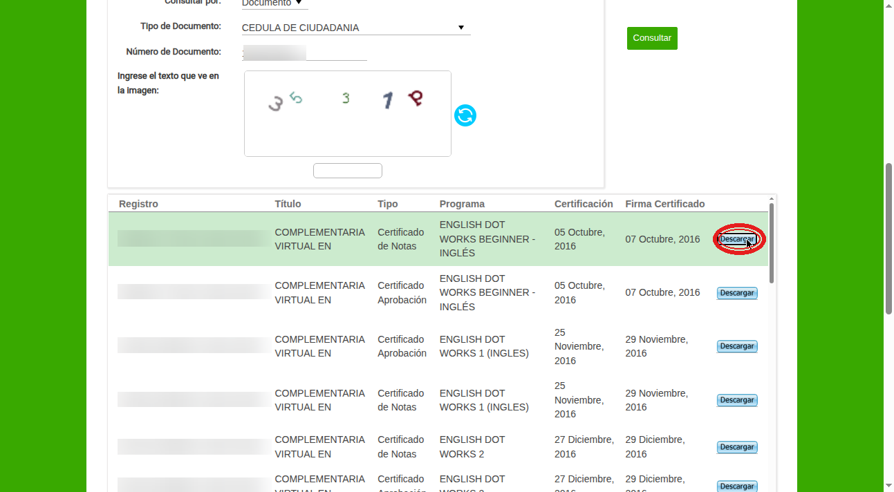 Paso 4: Botón Descargar en la lista de certificados