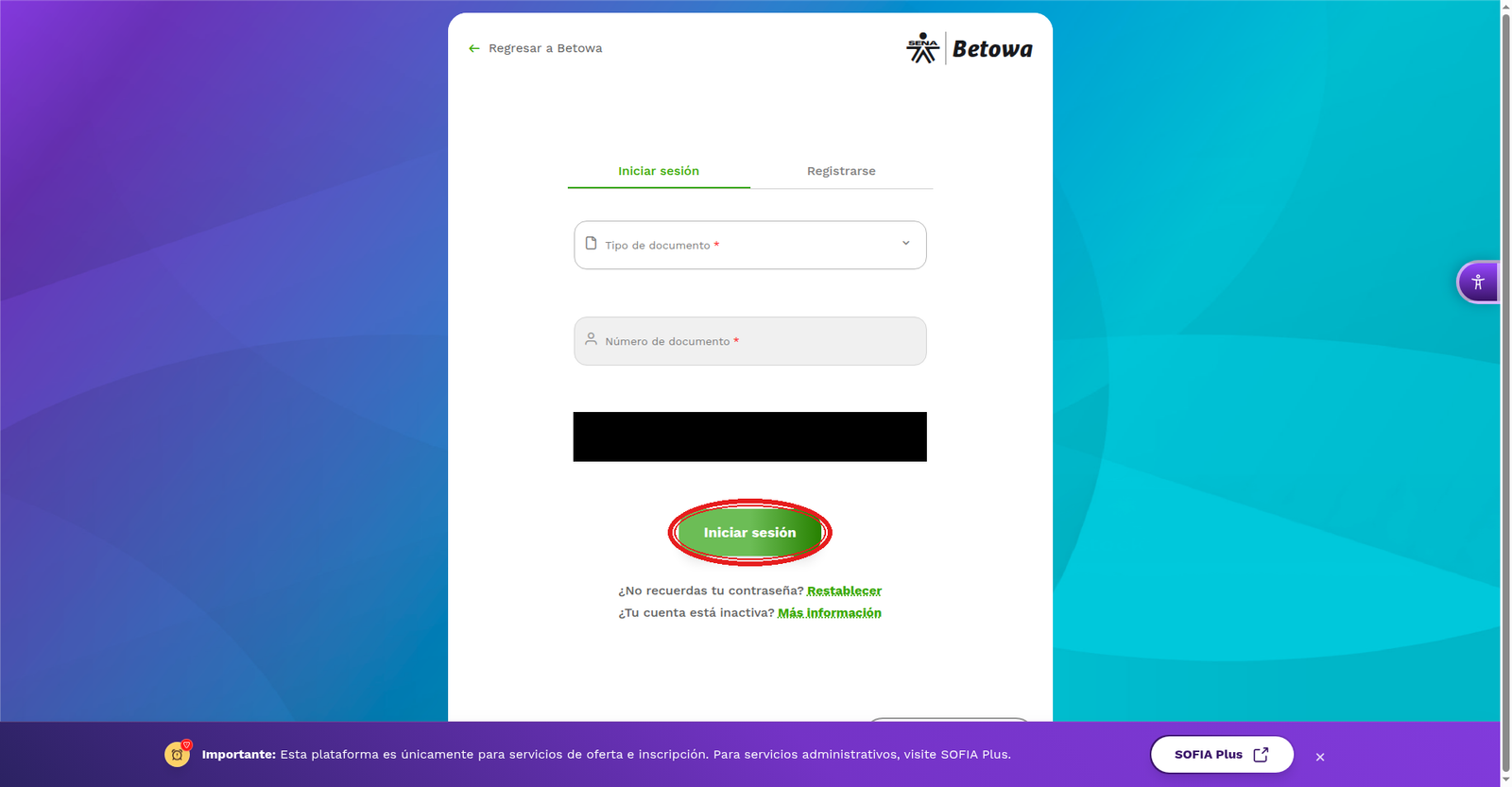 Pantalla de inicio de sesión de Betowa
