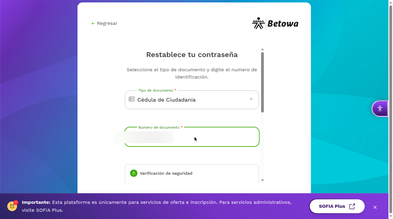 Betowa - Formulario de recuperación con documento (número oculto por privacidad)
