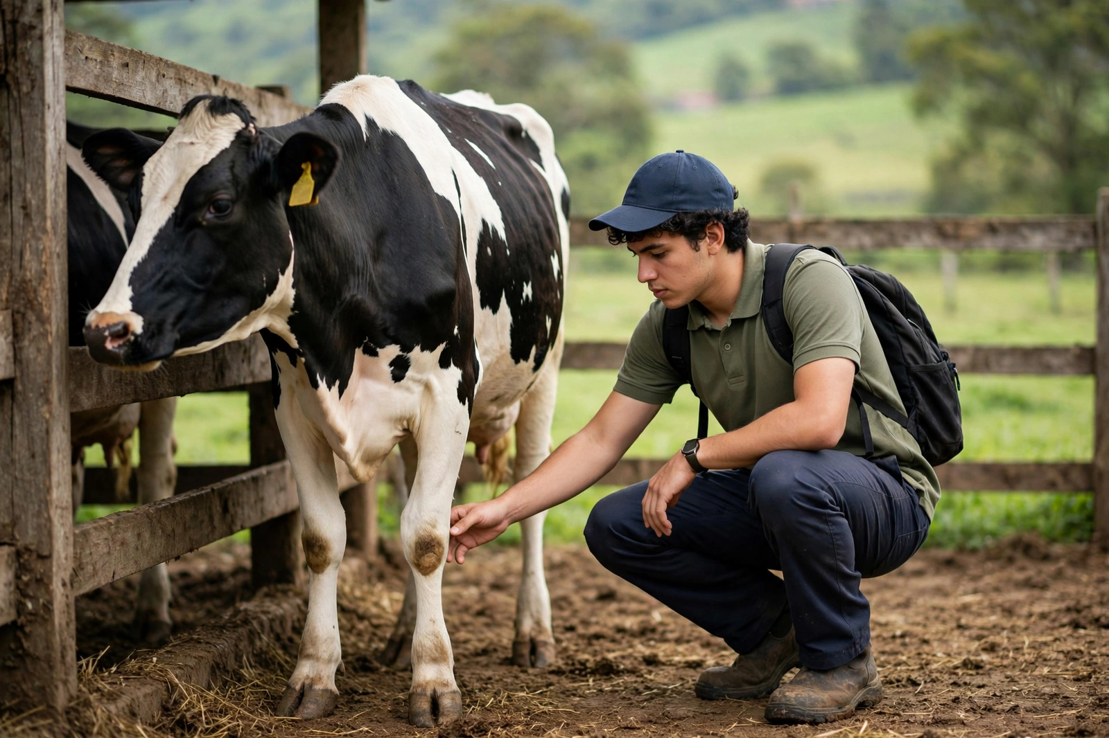Aprendiz revisando el estado de una vaca en el corral antes de su traslado
