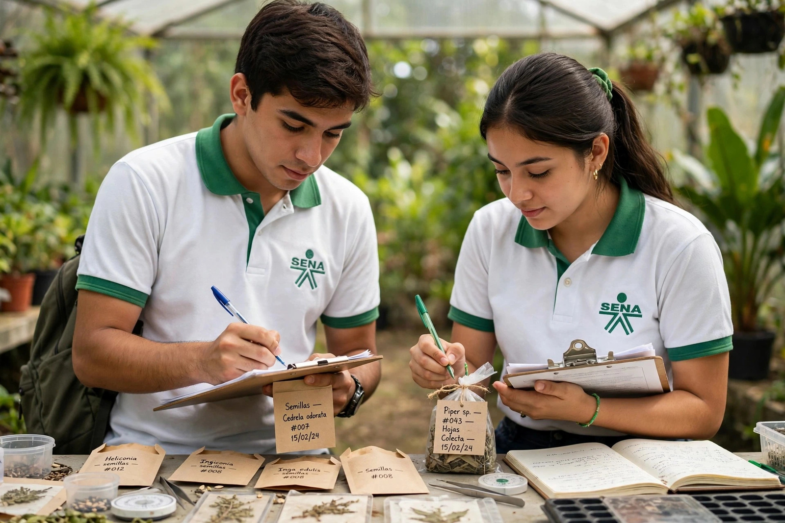 Dos aprendices registrando y catalogando semillas en el invernadero