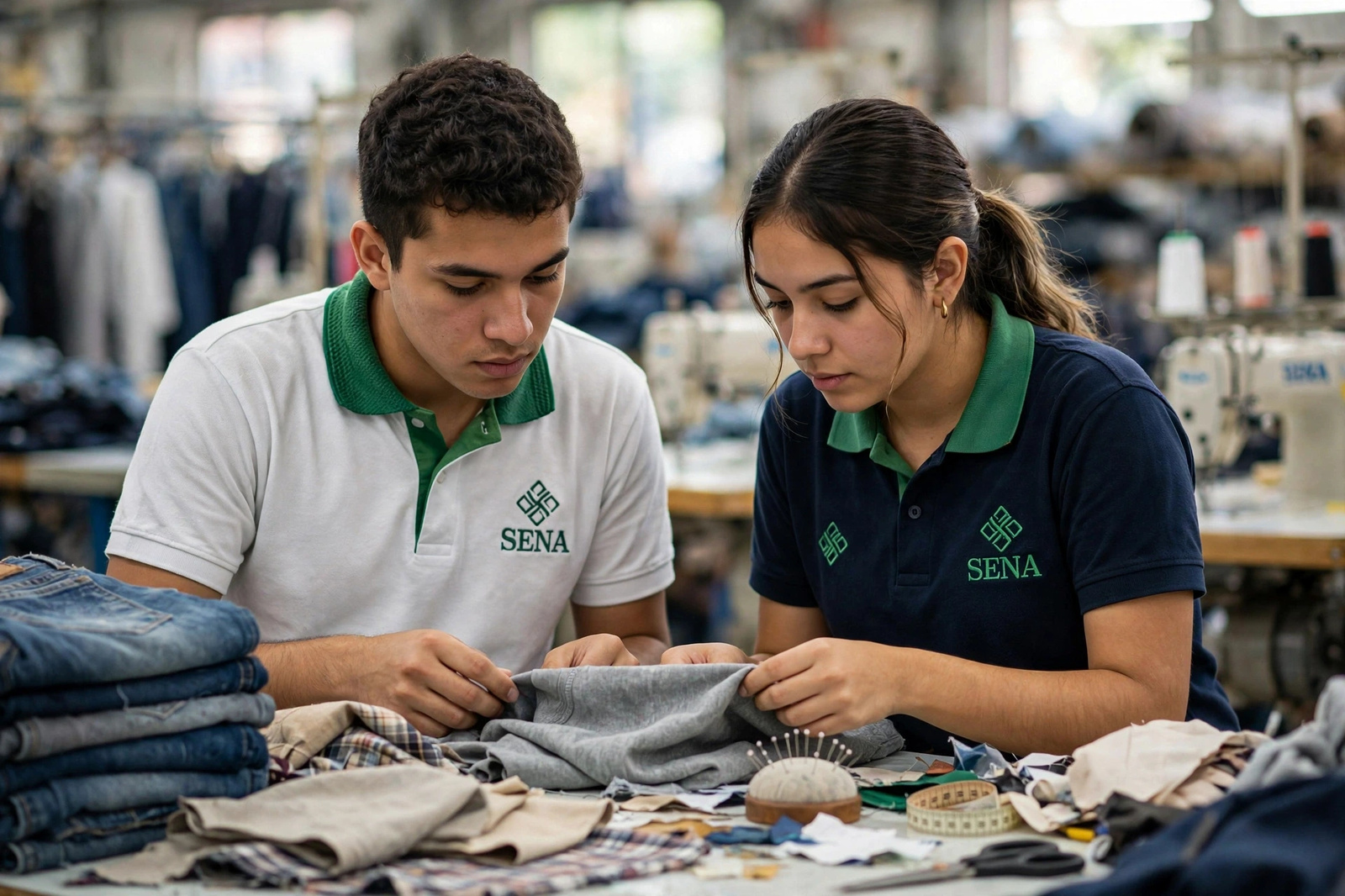 Dos aprendices trabajando a mano una prenda de punto en el taller