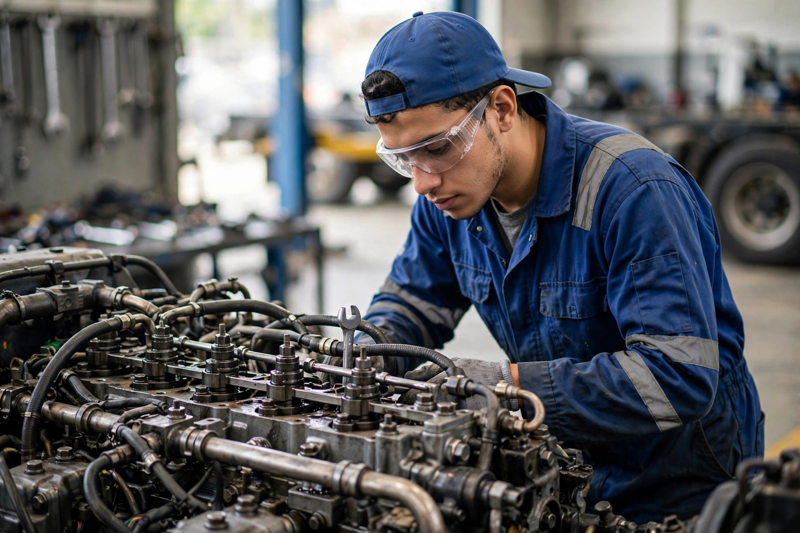 Mecánicos trabajando sobre un motor diésel en el taller