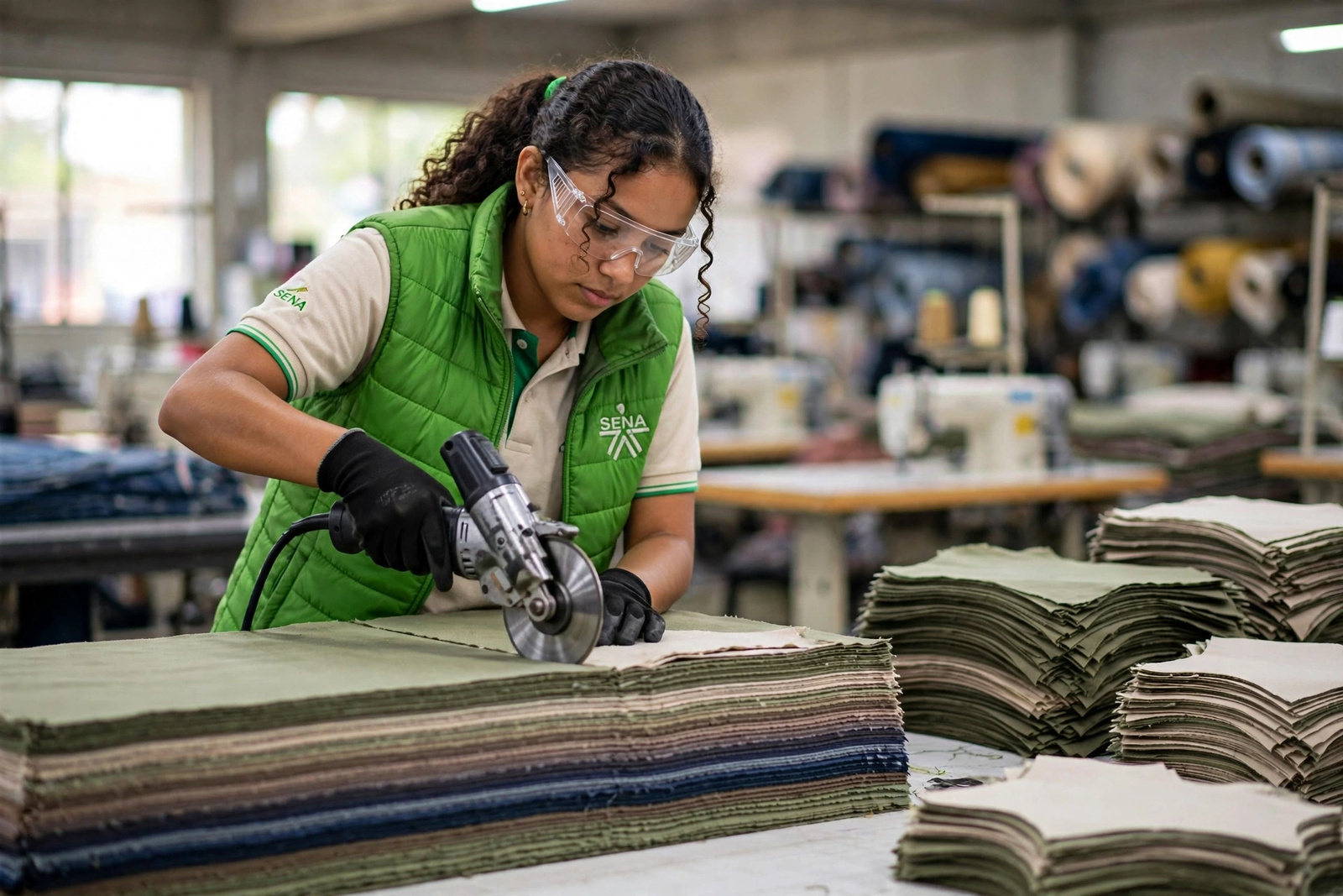 Operaria cortando capas de tela con una cortadora rotativa en un taller textil