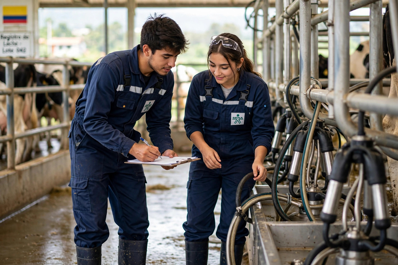 Aprendices registrando datos en una sala de ordeño con overol