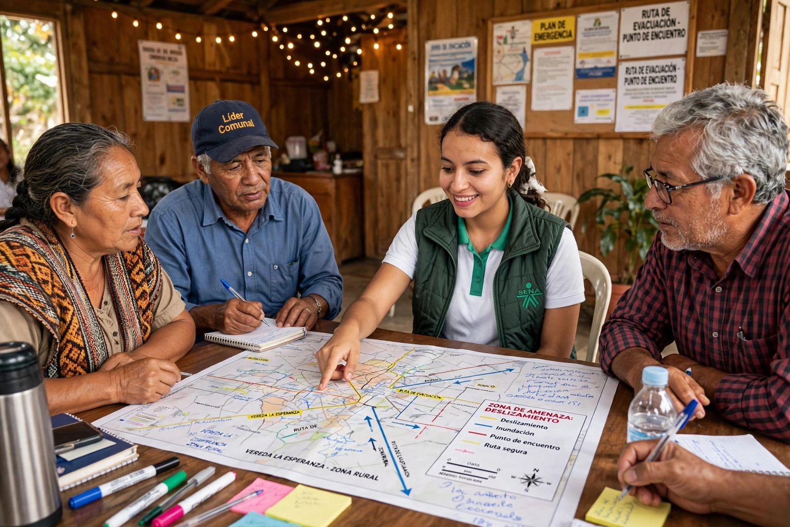 Brigadistas revisando un mapa de riesgos con su botiquín