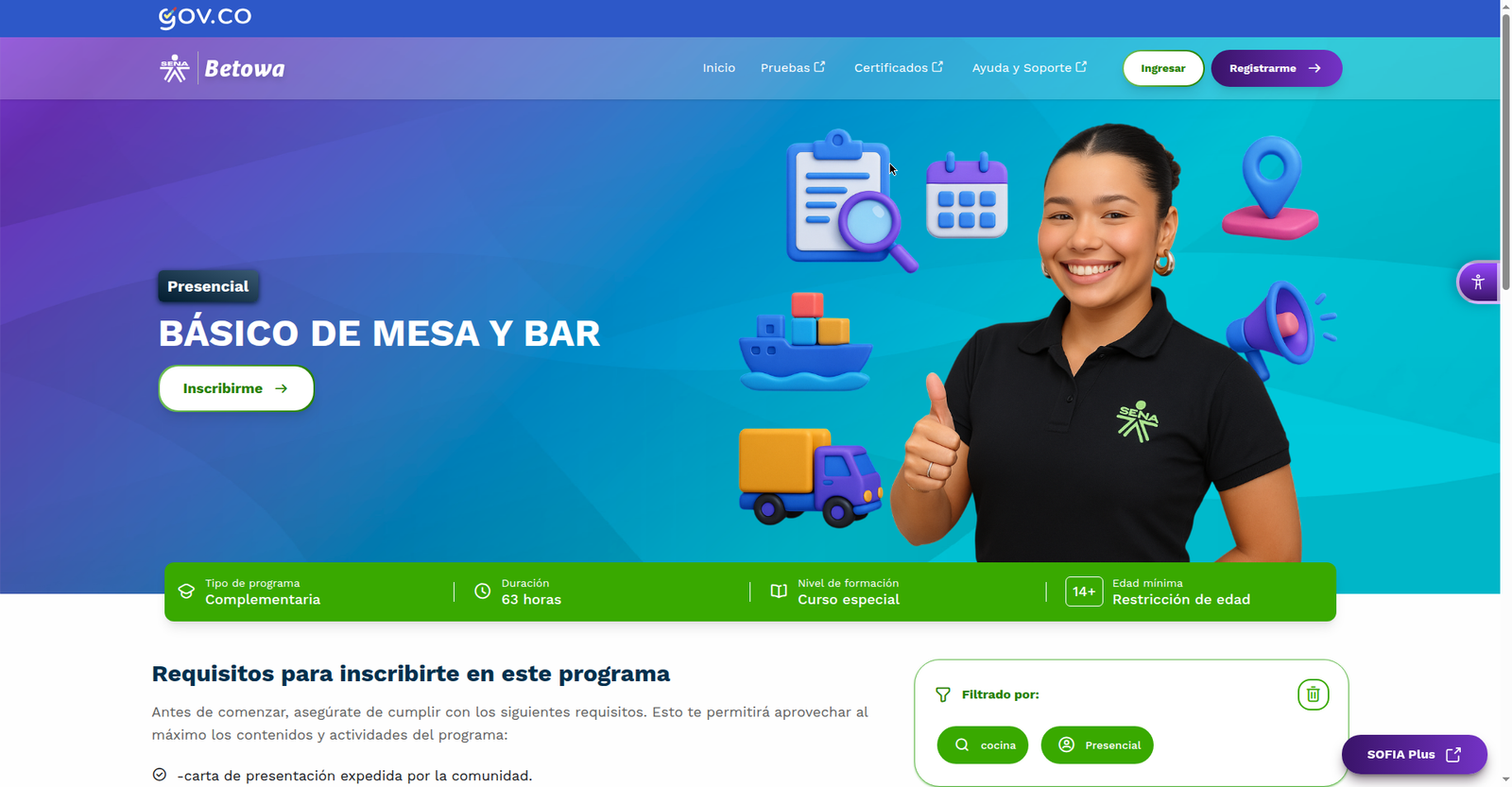 Ficha de programa de formación en Betowa con botón Inscribirme
