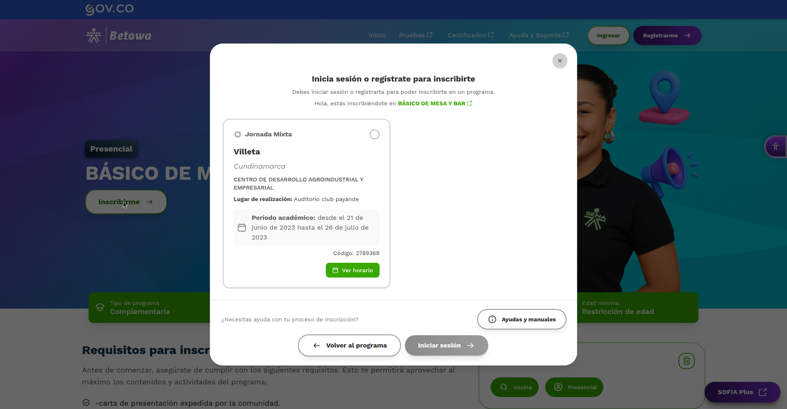 Modal de inscripción a programa en Betowa