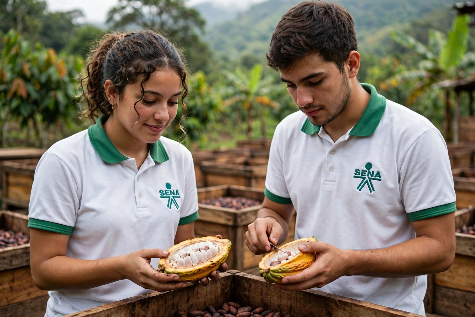 Aprendiz seleccionando mazorcas de cacao en la cosecha