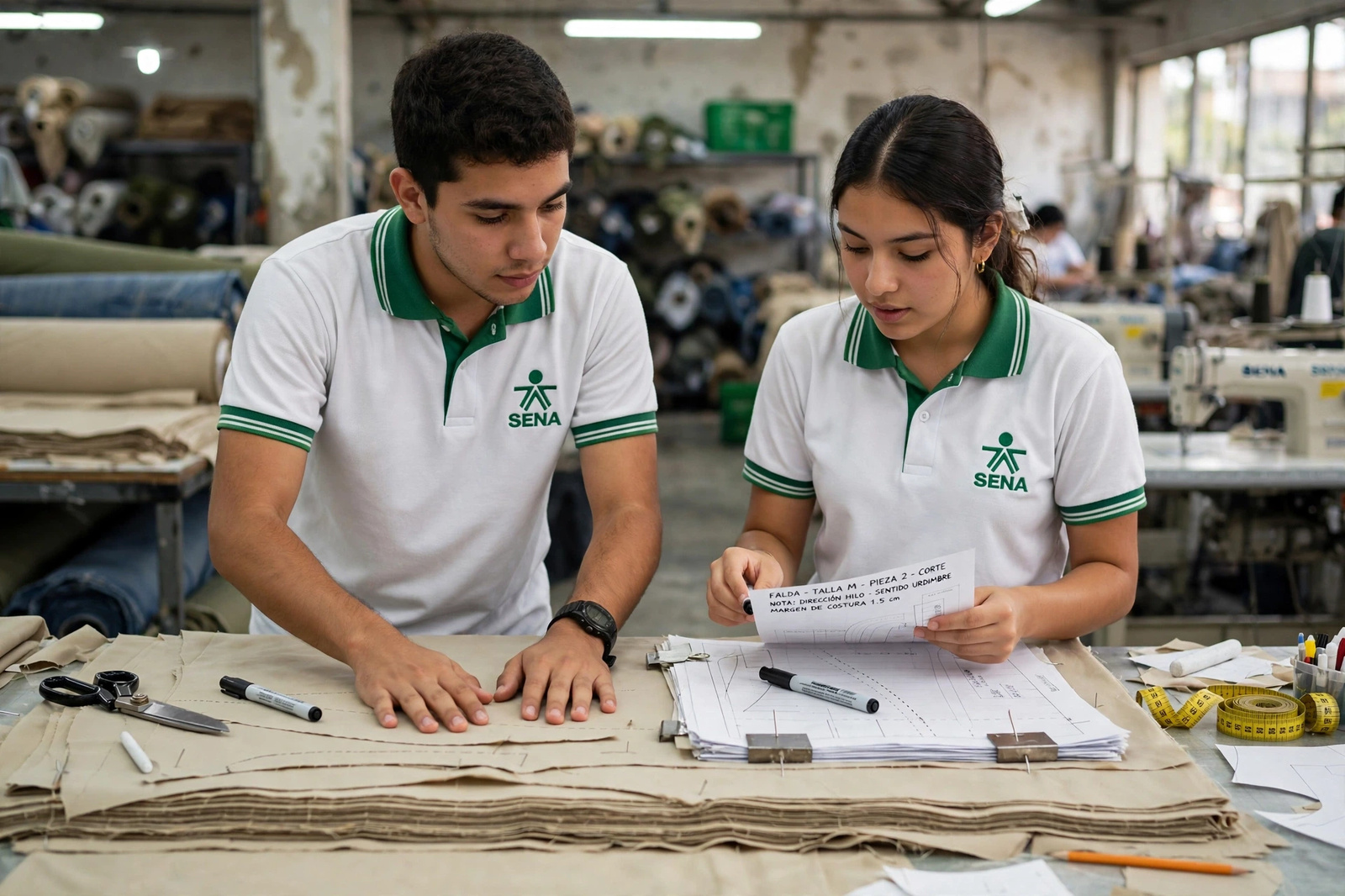 Dos aprendices revisando patrones y fichas sobre las piezas cortadas de una camisa