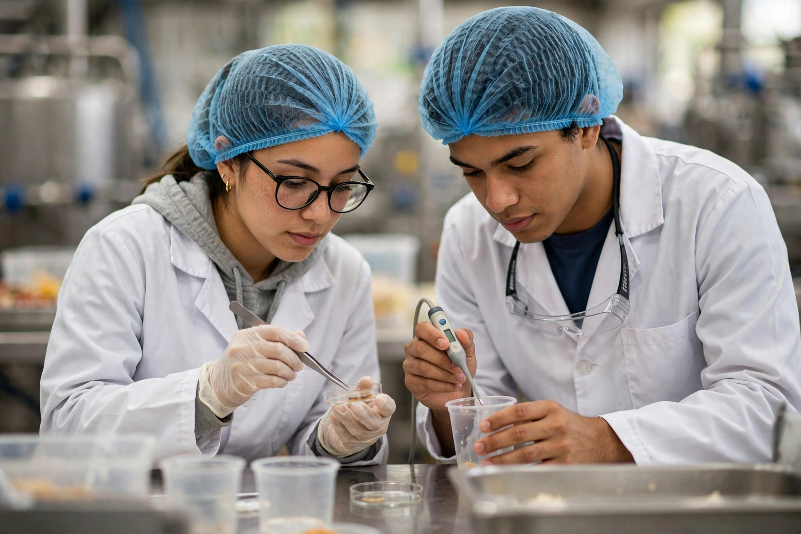 Dos aprendices tomando muestras de la carne con termómetro y pinzas