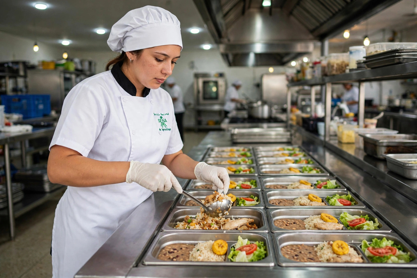 Cocinera aprendiz del SENA sirviendo bandejas de comida en una cocina institucional