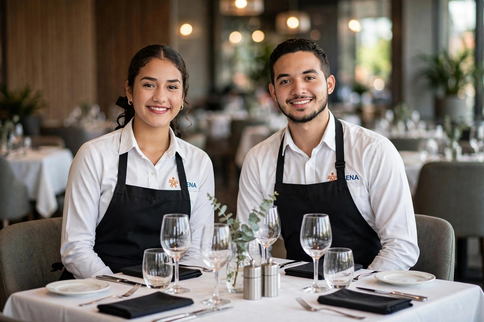 Dos aprendices de mesa y bar junto a una mesa servida del restaurante