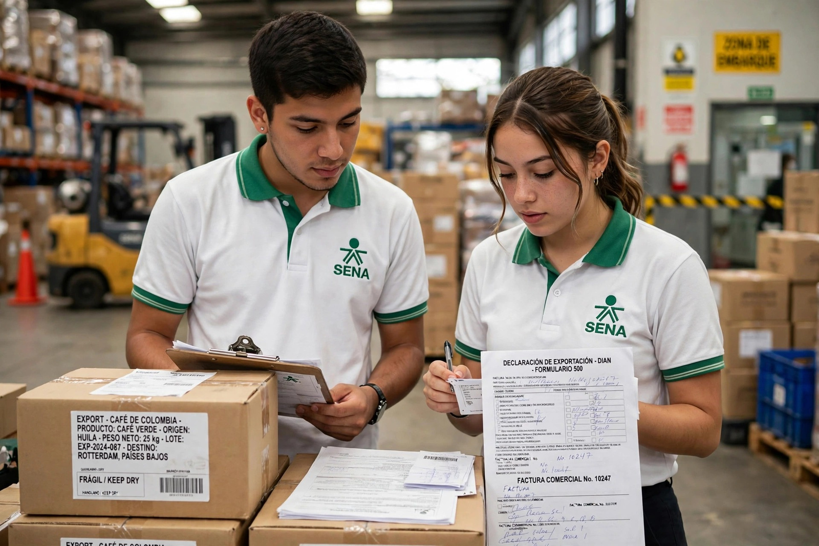 Aprendiz del SENA revisando documentos comerciales junto a su computador