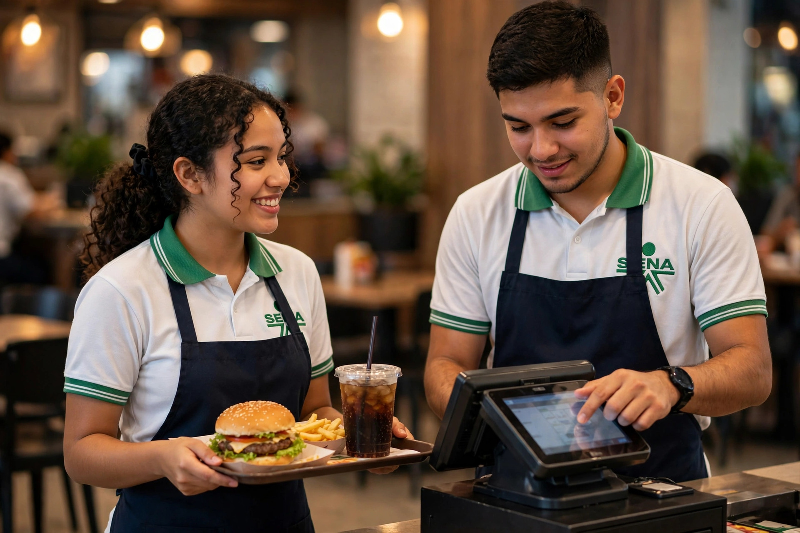 Dos aprendices entregando una hamburguesa con papas y bebida en el punto de pago